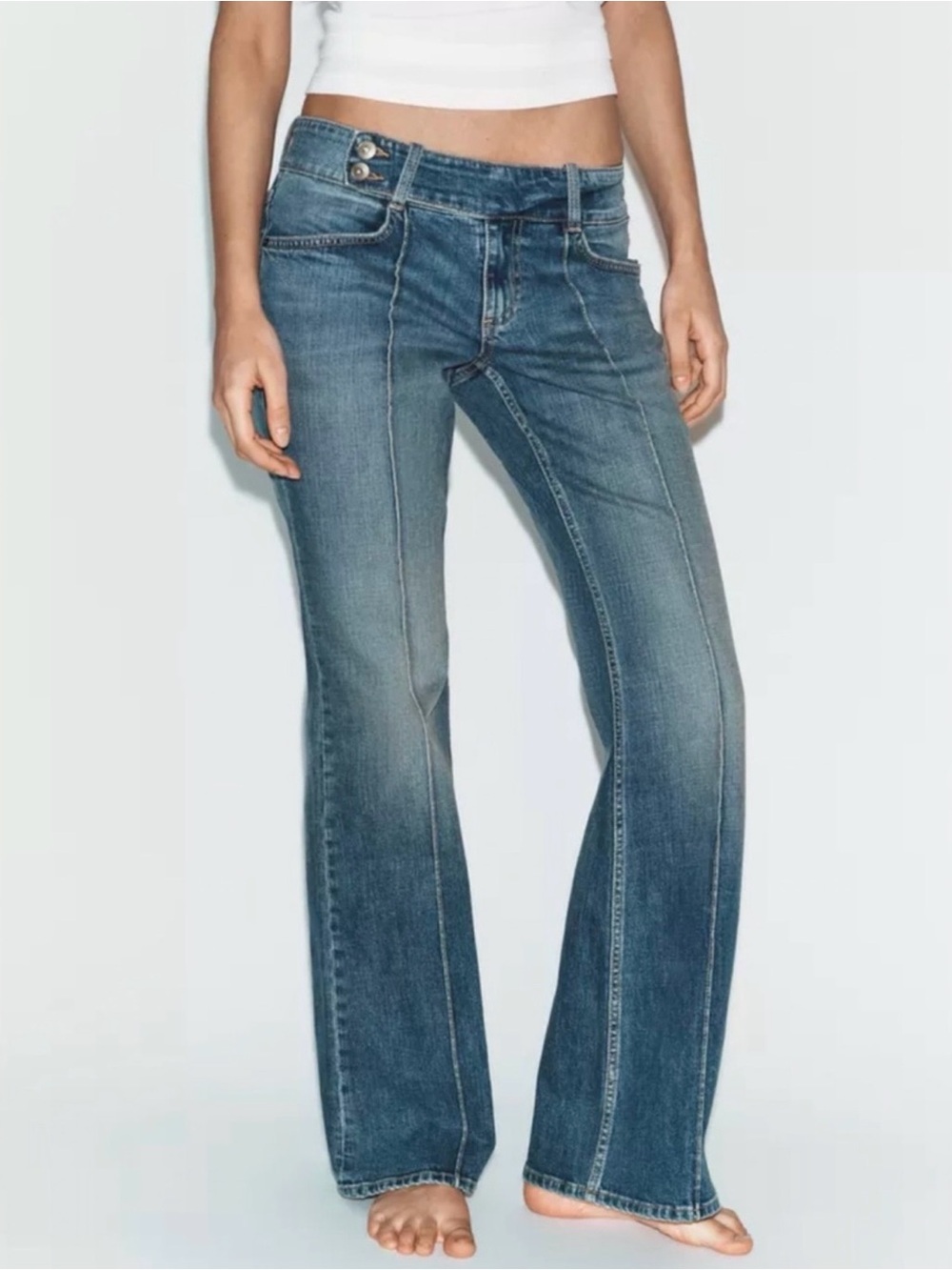 NWT ZARA | Mid Rise Wide Leg Denim Jeans Y2K Style Front Seam Detailing Sz. 10